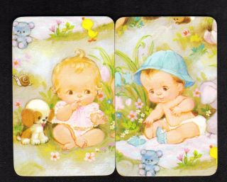 Vintage Swap Cards - Cute Baby Girl & Boy Outside Pair (blank Backs)