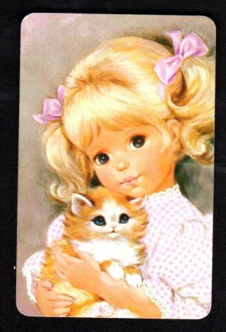 Vintage Joy Swap Card - Pretty Girl With Kitten (3) (blank Back)