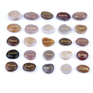 25pcs Natural River Stones Set Engraved Inspire Words Palm Crystals Pouch