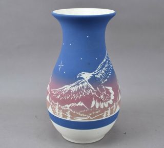 Sioux Native American Loren Two Bulls Pottery Vase Eagle Mountains Sky Blue