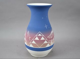 Sioux Native American Loren Two Bulls Pottery Vase Eagle Mountains Sky Blue 4