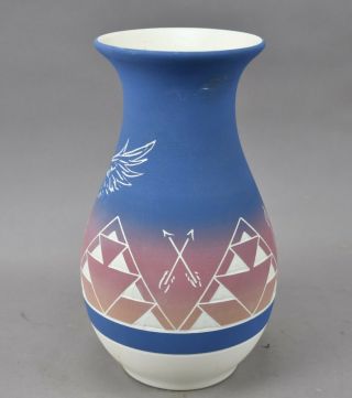 Sioux Native American Loren Two Bulls Pottery Vase Eagle Mountains Sky Blue 5