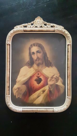 Old Antique Religious Picture Jesus Sacred Heart Carved Wood Frame