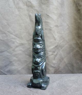 Black Argillite Sculpture Of A Totem Pole With Frog And Wale Mid 20 C.