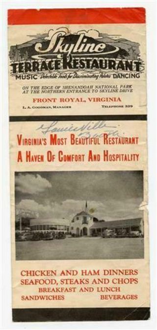 Skyline Terrace Restaurant Brochure & Menu 1930 
