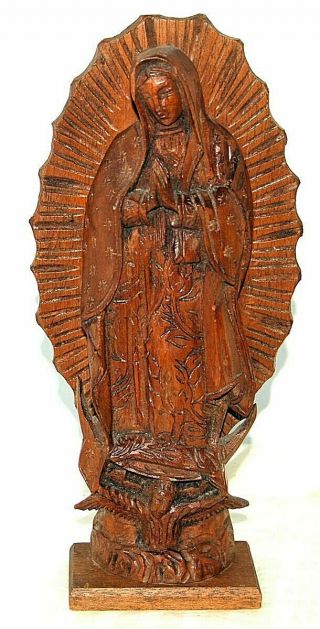 Vintage 11 " Hand Carved Wood Virgin Mary Madonna Atop Winged Angel Statue Figure