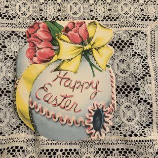 Vintage Greeting Card Easter Egg Yellow Ribbon Tulips