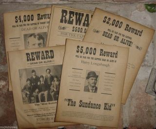 Set Of 5 Old West Wanted Posters Wild Bunch Butch Cassidy Sundance Kid,  More