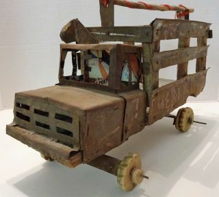 Primitive Antique Folk Art Wood Metal Tin Toy Truck Hand Made Very Old Tin Cans
