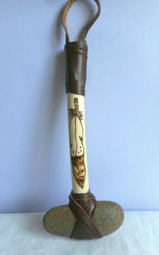 Navajo Indian Made War Club Rock Leather Signed 8 " Long Authentic Feather Design
