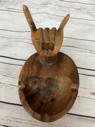 Epic Vintage Hand Carved Wooden Ashtray Folk Art Wood Sculpture Hang Loose Hand