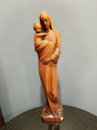 Rare Antique Vintage Hand Carved Mary And Baby Jesus Wood Statue 12 "