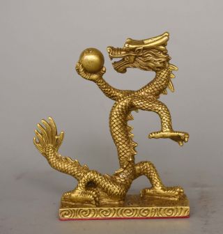 China Folk Feng Shui Copper Brass Zodiac Dragon Play Ball Statue