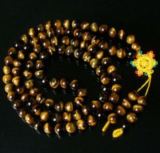 108 Natural Yellow Tiger Eye Gem.  4 " Buddhist Prayer Mala Beads Necklace