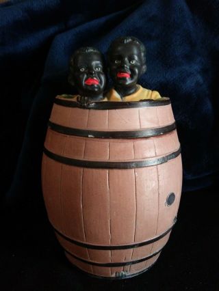Antique Tobacco Jar With 2 Boys On Barrel
