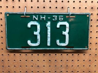 1936 Hampshire 3 Digit License Plate 313 Nh Low Number Auto Rare Palindrome