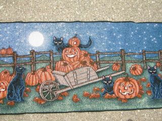 Halloween Tapestry Table Runner Pumpkin Patch Black Cat Jack O Lantern 13x71 "