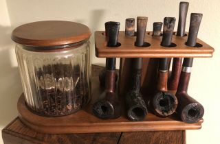 Vintage Walnut Decatur Smoking Pipe Stand With Glass Humidor And 8 Pipes