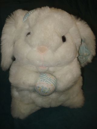 White Plush Stuffed Easter Bunny Rabbit / Striped Blue & White Easter Egg & Ears