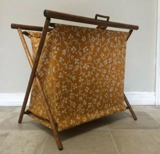 Vintage Fabric Yarn Knitting Crocheting Sewing Basket Caddy Wood Folding Frame
