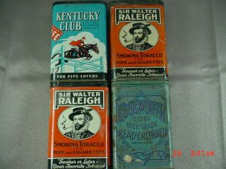 4 Vintage Pocket Tobacco Tins Kentucky Club,  Edge Worth,  Sir Walkter Raleigh
