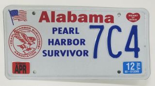 Alabama 2012 Pearl Harbor Survivor Metal License Plate/tag 7c4 Embossed