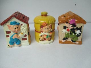 3 Vintage Disney 3 Little Pigs House Savings Banks - Straw Sticks & Bricks
