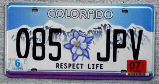 Colorado " Respect Life " License Plate With The Rocky Mountain Columbine Flower