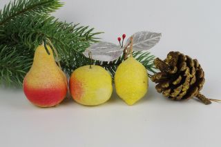 4 Vintage Spun Cotton Christmas Ornaments,  Apple,  Pear,  Lemon,  Pine Cone