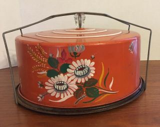 Vintage Primitive Mcm Orange Floral Print Cake Carrier Nostalgic Tin Caddy