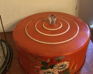 Vintage Primitive MCM Orange Floral Print Cake Carrier Nostalgic Tin Caddy 2