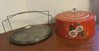 Vintage Primitive MCM Orange Floral Print Cake Carrier Nostalgic Tin Caddy 3