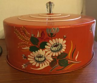 Vintage Primitive MCM Orange Floral Print Cake Carrier Nostalgic Tin Caddy 4