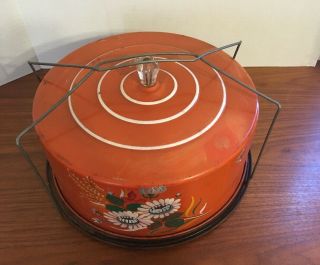 Vintage Primitive MCM Orange Floral Print Cake Carrier Nostalgic Tin Caddy 5