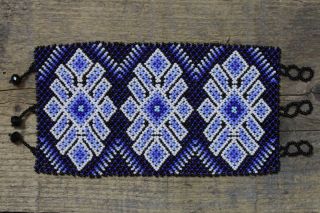 Large Huichol Beaded Bracelet Blue White & Black Handmade Mexican Folk Art Boho