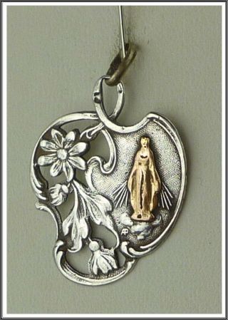 Antique French Religious Sterling Silver Medal Virgin Mary Sign Penin Pendant