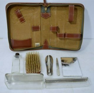 Vintage Men ' s Grooming Kit W/ Leather Case Mirror Nail File Barber Cosmetology 2