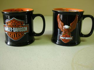 Harley Davidson Coffee Mugs 3d Embossed Logo Black Orange And Embosed Eagle 16oz