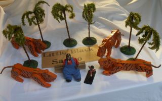 Adorable Ethnic " Little Black Sambo " Items: Sambo Doll - Wood Tigers - Palm Trees