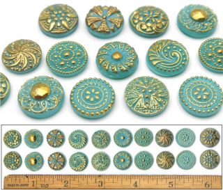 14mm Czech Glass Turquoise Gold Shankless No Shank Cabochon Buttons 20p 10pairs