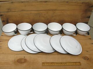 Vintage Enamelware Set Of 6 Coffee Tea Cups With Saucers - White With Black Trim