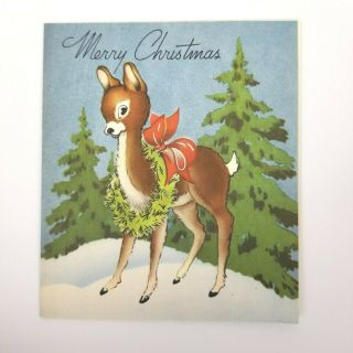 Vintage Christmas & Year Card Deer Forest Trees Wreath Bow Jumping Romping