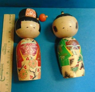 Vintage Japanese Kokeshi Hand Painted Wooden Bobble Head Dolls Pair Couple