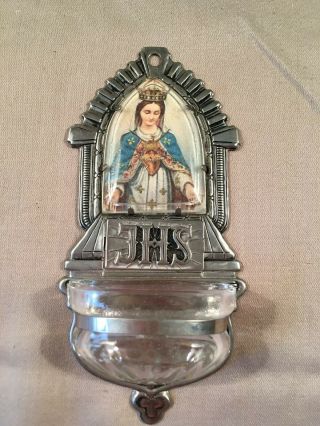 Antique Holy Water Font Metal & Glass W/ Litho Of Sacred Heart Of Mary Wow