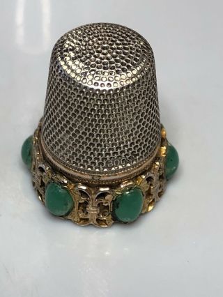 Vintage Thimble Sterling Silver 800 With Gold Tone Band Green Cabochens