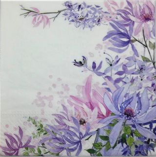 Bulk - 0,  79$/pc 3 X Single Paper Napkins Decoupage Pink Purple Flowers Border M024