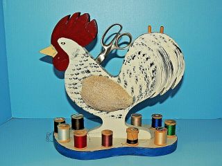 Vintage Wood Handmade Rooster Sewing Thread Spool Pins Scissor Holder Organizer