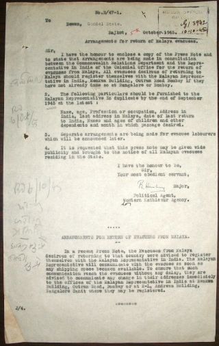 India 1945 Documents About The Return Of War Evacuees To Malaya