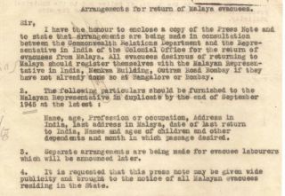 India 1945 documents about the return of War Evacuees to Malaya 5
