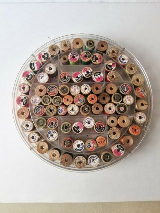 80 Vintage Wooden Thread Spools Plus Cvontainer With Top.